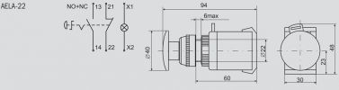 Электрическая схема и геометрические размеры нажимной кнопки-грибка AELA-22 компании ИЭК