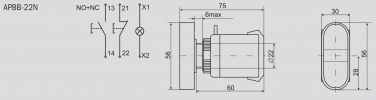 Изображение из заводского каталога ИЭК с электрической схемой и размерами кнопки управления двигателем APBB-22N